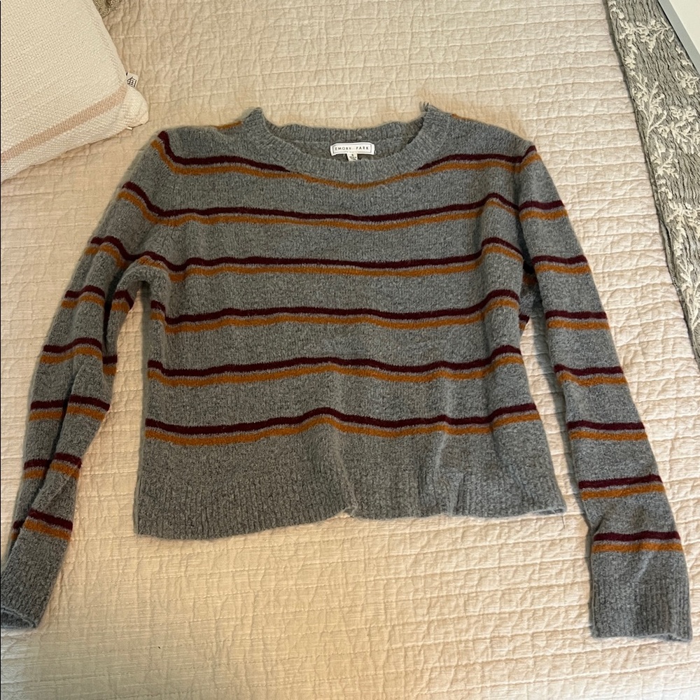 Emory Park Super Soft Gray Sweater with Red and Brown Stripes